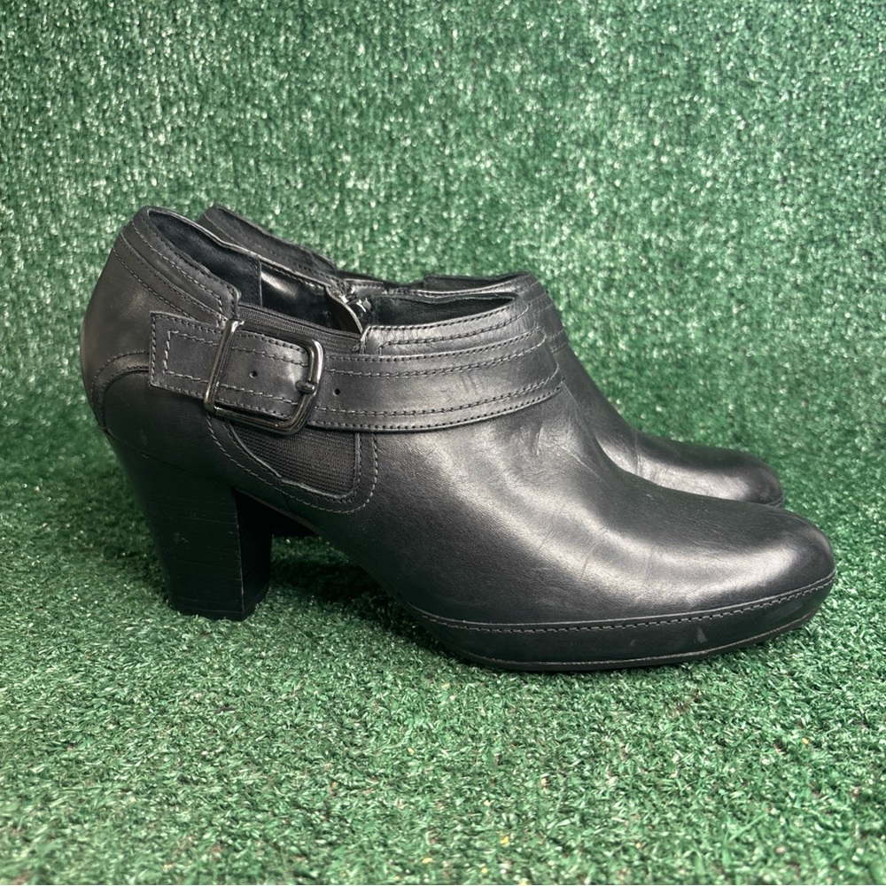 Clarks Shoes Womens Ankle Booties Artisan Black Leather Heel Side Zip Buckle 12M